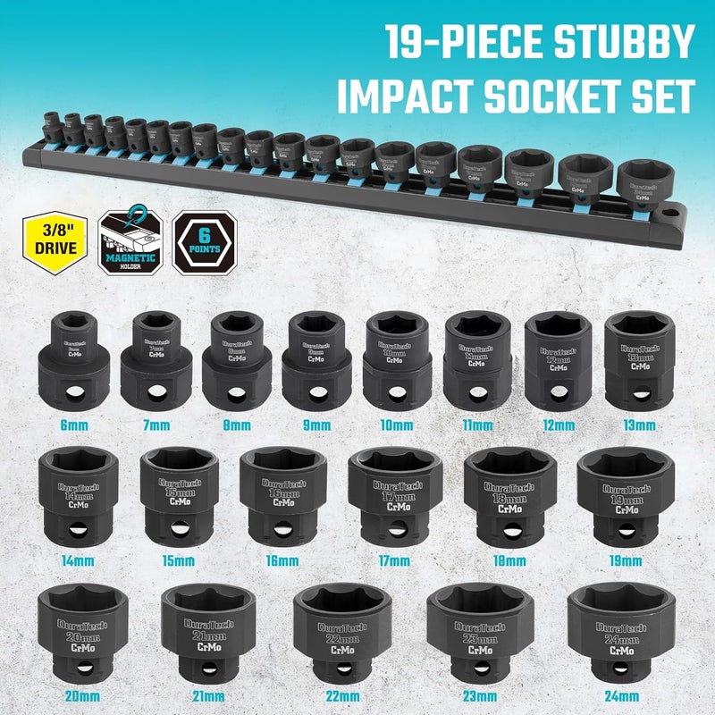 DURATECH 3/8" Drive Stubby Impact Socket Set, Low Profile Impact Sockets, 19-Piece, Metric, Size Covers 6-24mm, Cr-Mo Steel, Organized in Magnetic Storage Rail - Image 3